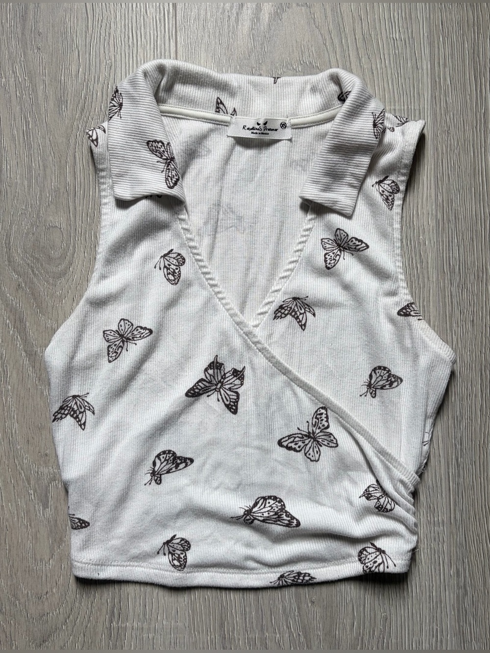 Brown Butterfly Print Sleeveless Wrap Top - White
